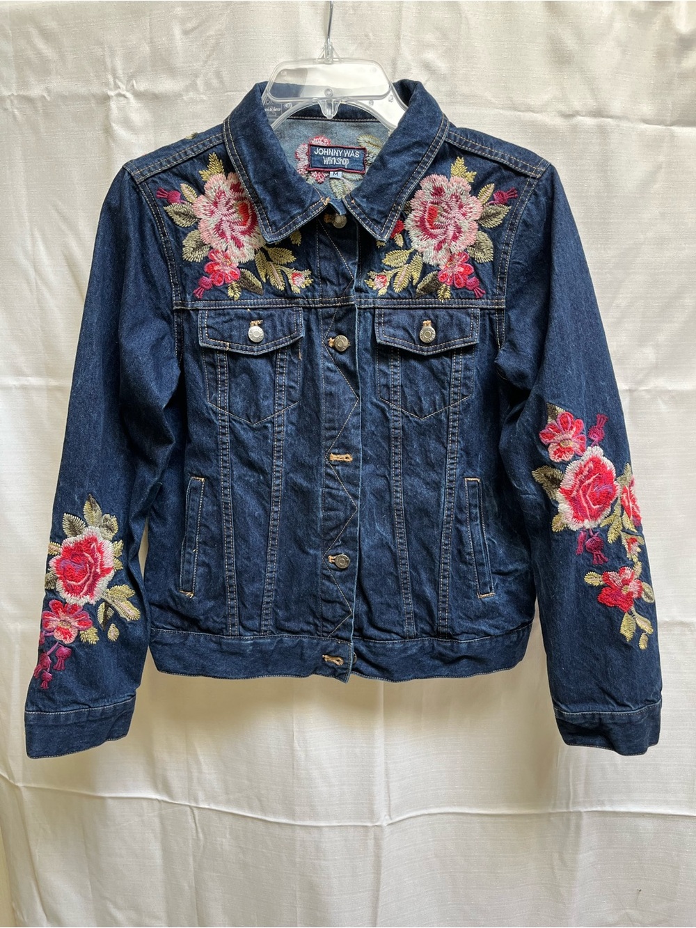 Johnny Was Navy Dark Wash Denim Jacket w/ Pink Floral Embroidery
